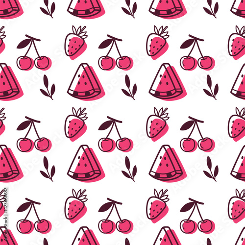 seamless fruit pattern with watermelon, strawberry and cherry. Fun and fruity design in flat doodle style. Perfect for summer, kids, and textile prints.