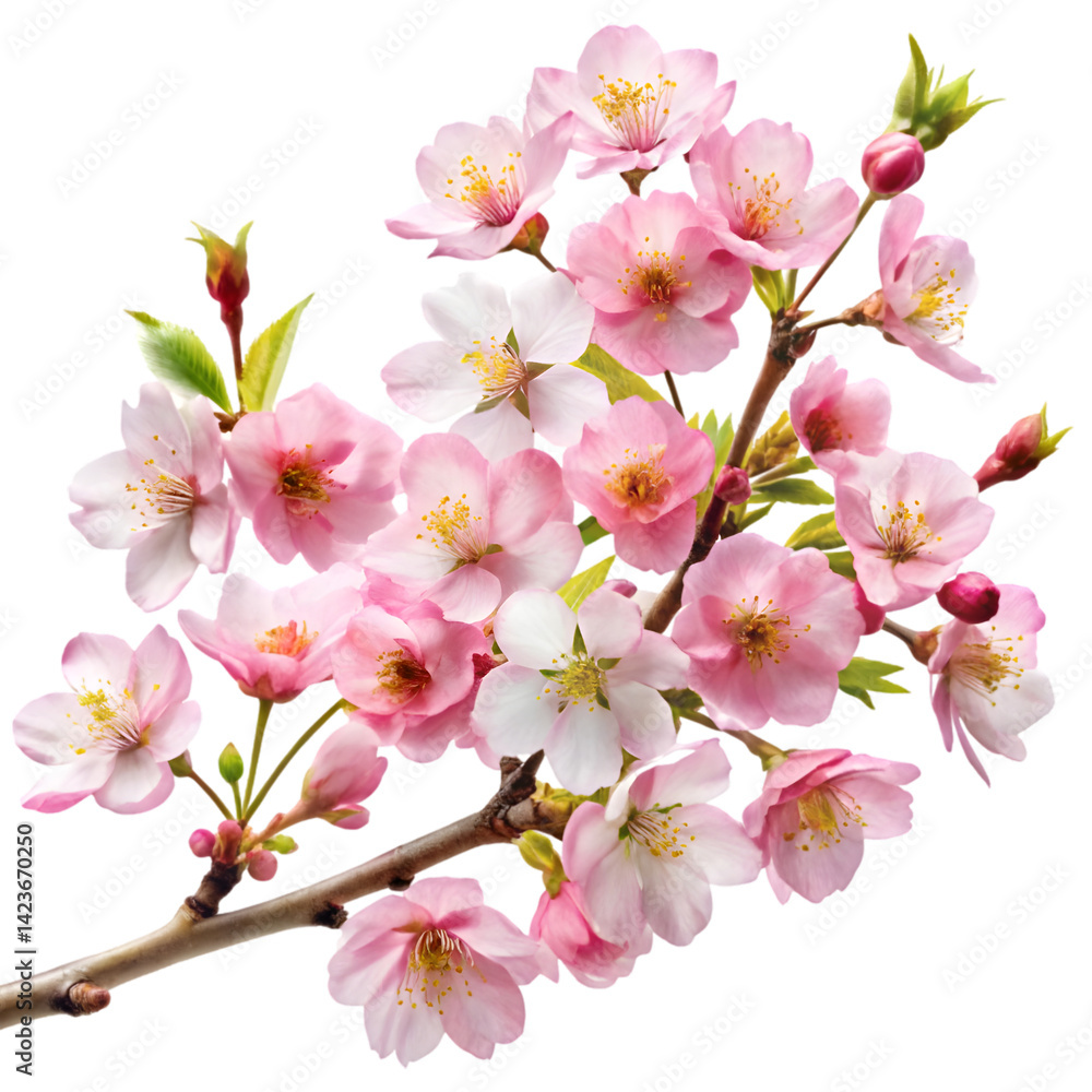 Obraz premium High-quality png of spring sakura cherry blossom branch with blooming flowers Japanese flowers isolated on white background high resolution