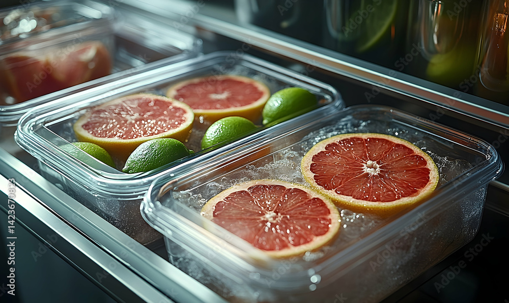 Fresh citrus fruits displayed in clear containers on ice in a modern refrigerator setting Fresh citrus fruits displayed in clear containers on ice in a modern refrigerator setting