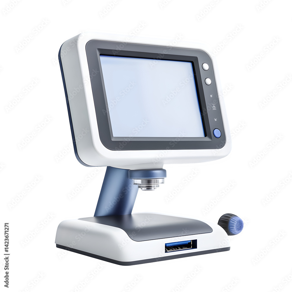 A sleek digital microscope ready for scientific discovery, showcasing a crisp screen and modern design in clean white and navy blue. A sleek digital microscope ready for scientific discovery, showcasing a crisp screen and modern design in clean white and navy blue.