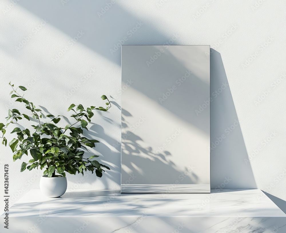 Elegant White Marble Podium with Angled Surface and Green Plants for Modern Decor