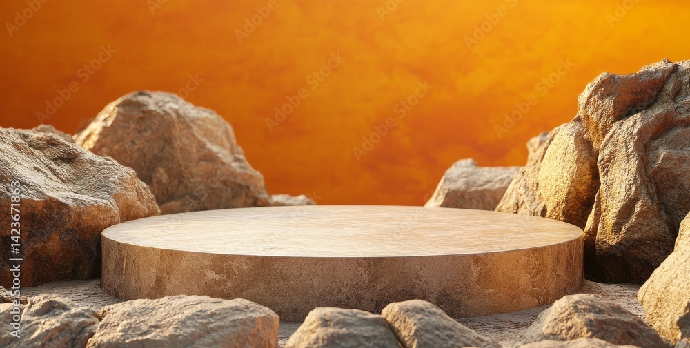 Empty Circular Podium Surrounded by Textured Rocks Under a Vibrant Orange Sky