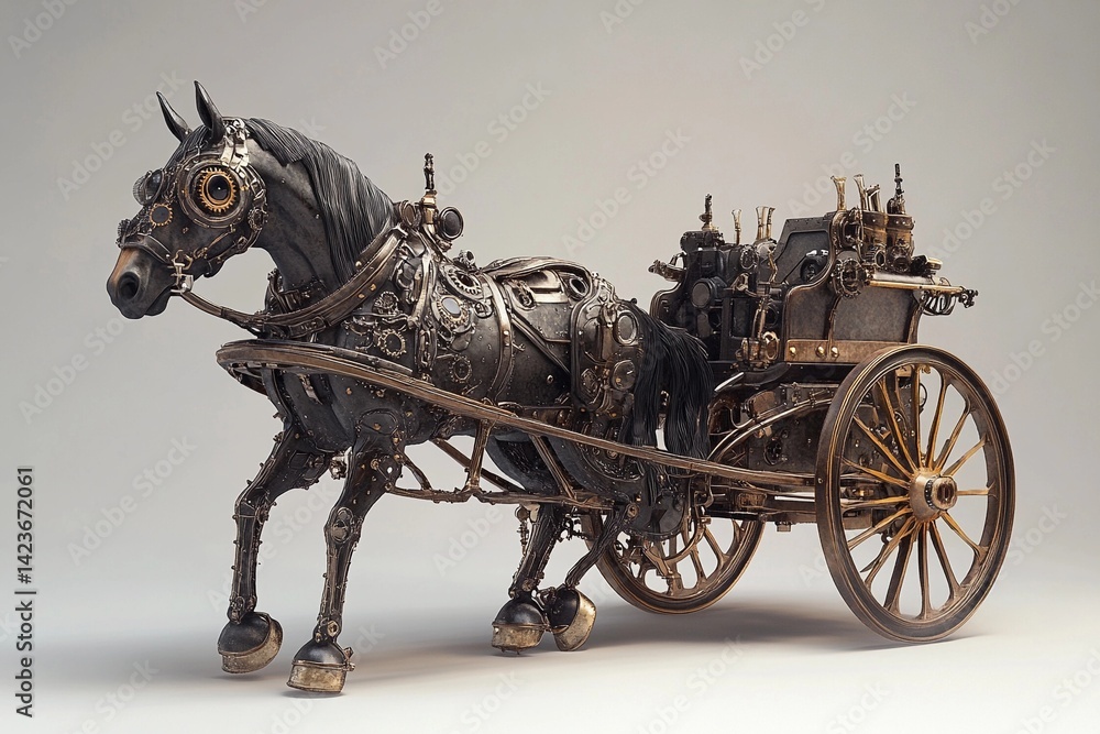 Fototapeta premium Intricate steampunk horse-drawn carriage showcasing unique mechanical design and vintage aesthetics in a dimly lit environment