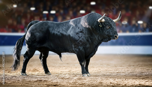 A great black bull on an arena in the background