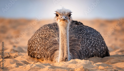 Cute little ostrich bird in a sandy landscape nature scenery background