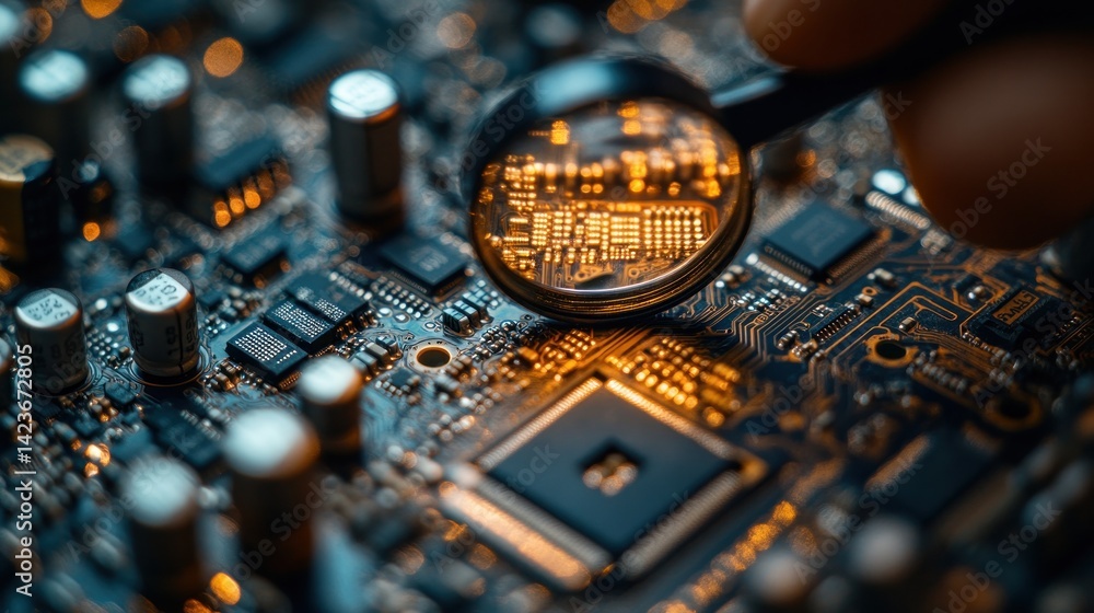 Fototapeta premium Close-up view of a circuit board being inspected with a magnifying glass, highlighting the intricate details and complexity of modern electronics.