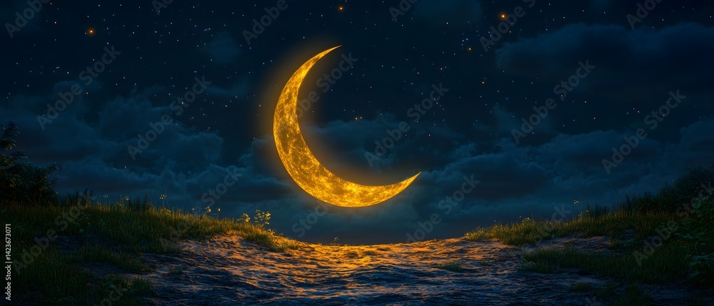 Fototapeta premium Crescent moon shines over a desert.