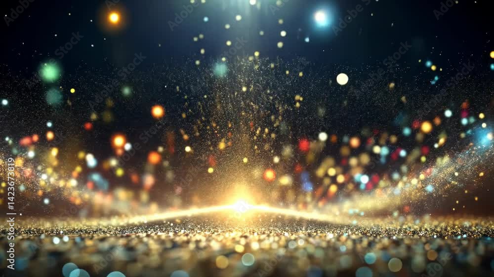 Golden glitter sparkles, colorful bokeh lights, and dust particles cascade in a mesmerizing celebration. Golden glitter sparkles, colorful bokeh lights, and dust particles cascade in a mesmerizing celebration.