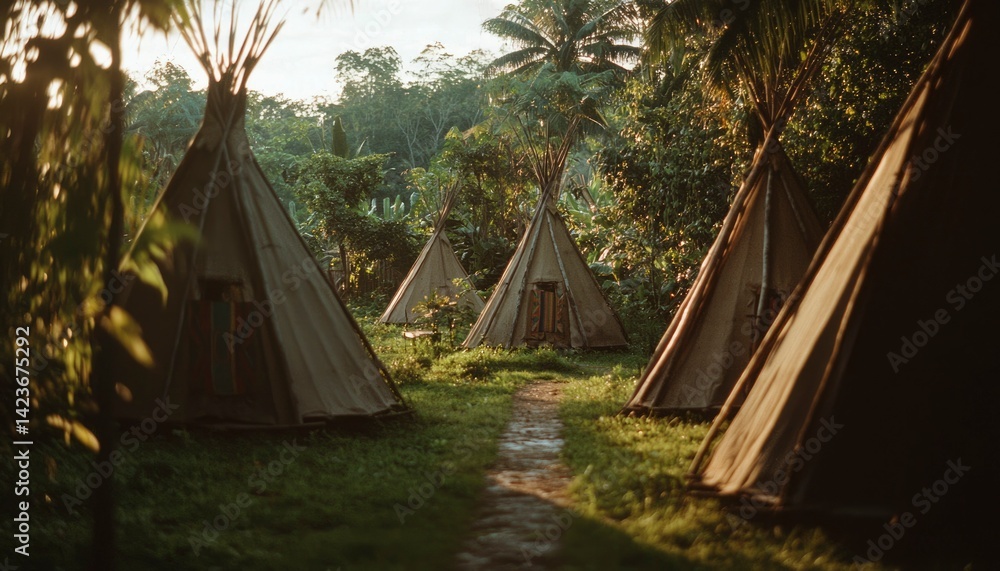 Indigenous teepees in a lush tropical forest Indigenous teepees in a lush tropical forest