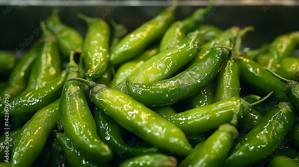 Fresh green chili peppers piled together in a market display, showcasing their vibrant color and shine Fresh green chili peppers piled together in a market display, showcasing their vibrant color and shine