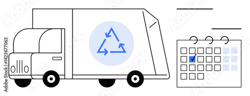 Recycling truck with eco symbol near calendar with marked date emphasizes waste management, sustainability, and time management. Ideal for environment, scheduling, eco living, waste reduction, green