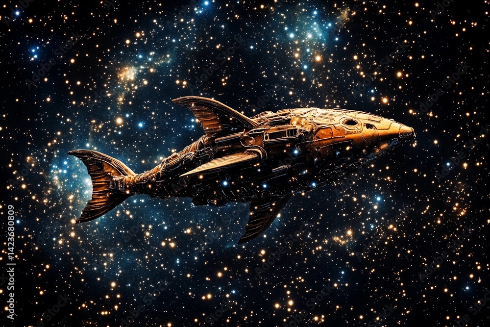 Fototapeta premium Futuristic spaceship shaped like a fish gliding through a star-filled cosmos
