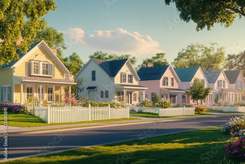 Wallpaper Mural Charming pastel-colored houses line a quiet street, bathed in golden sunlight, creating a picturesque suburban scene. Torontodigital.ca