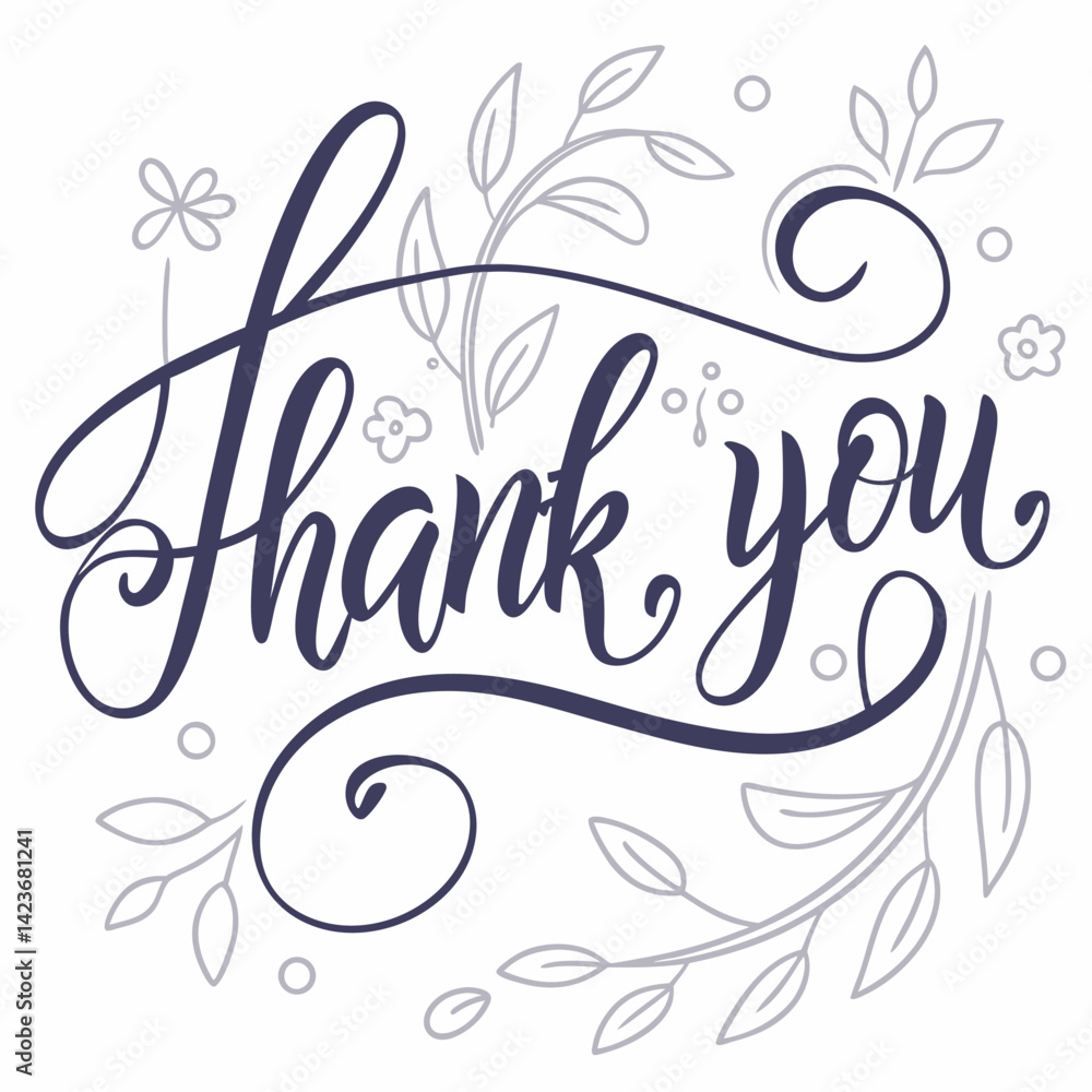 Elegant Thank You Floral Calligraphy - Vector Design, Dark Blue. Elegant Thank You Floral Calligraphy - Vector Design, Dark Blue.