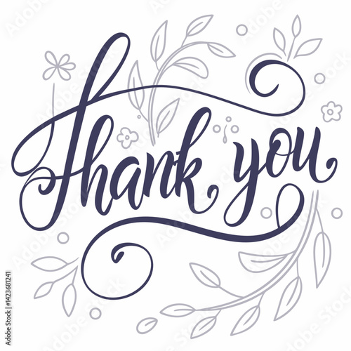 Elegant Thank You Floral Calligraphy - Vector Design, Dark Blue.