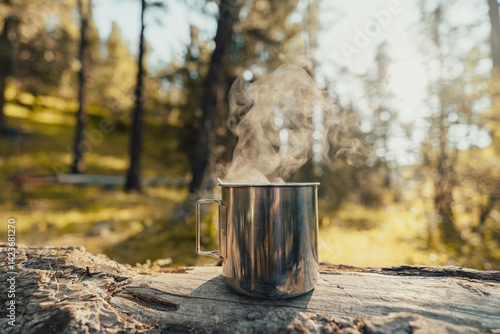 Obraz na płótnie cup of hot tea in the backcountry w salonie