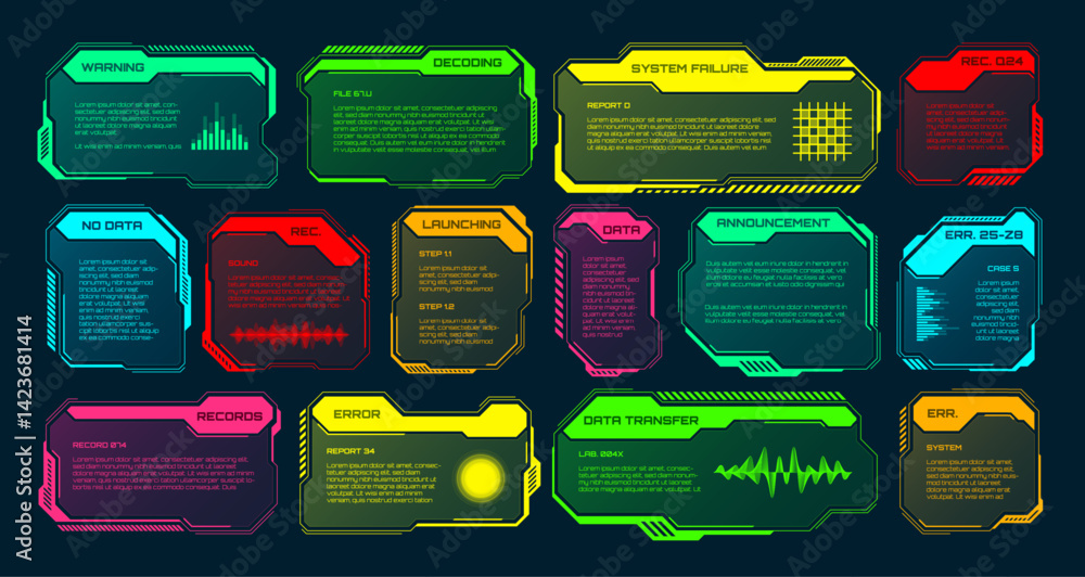 Futuristic HUD or UI elements. Sci-fi user interface text boxes, callouts. Colorful warning message frame, information boxes template. Modern game interface layout, digital style. Vector illustration