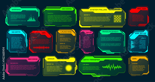 Obraz na płótnie Futuristic HUD or UI elements. Sci-fi user interface text boxes, callouts. Colorful warning message frame, information boxes template. Modern game interface layout, digital style. Vector illustration w salonie
