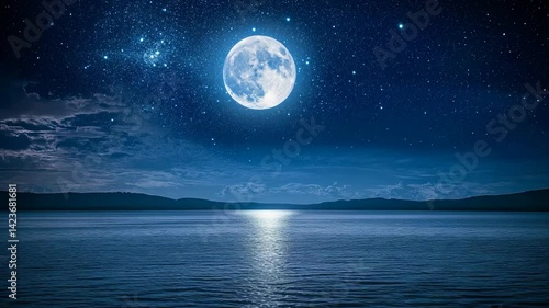 Full moon illuminates tranquil lake under starry night sky, reflecting light on calm water
