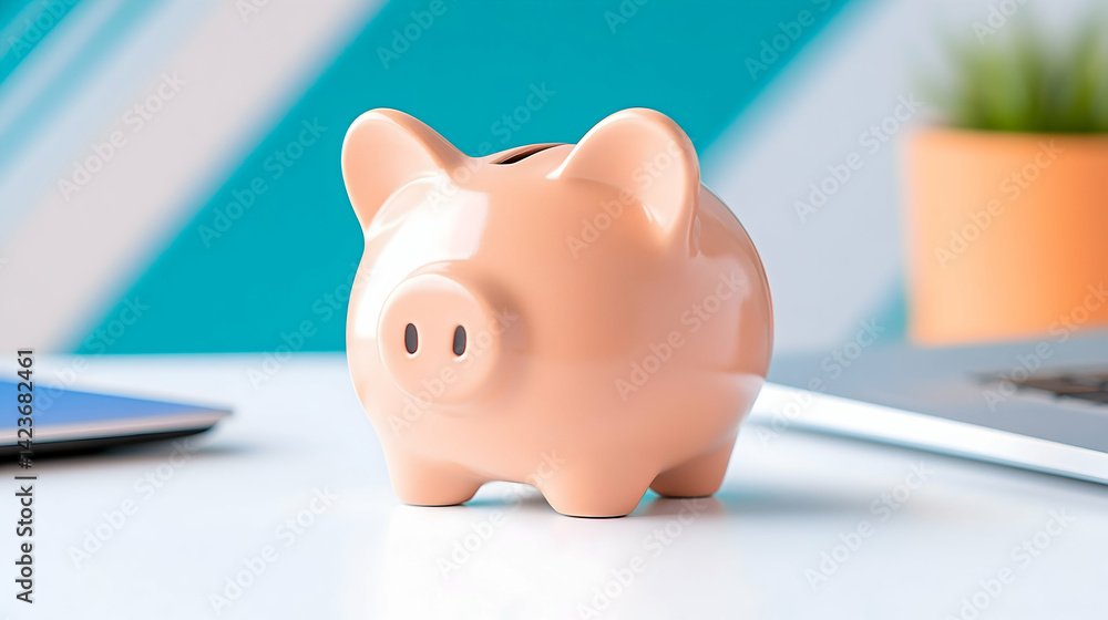 Piggy bank on desk near laptop, symbolizing savings and finance Piggy bank on desk near laptop, symbolizing savings and finance