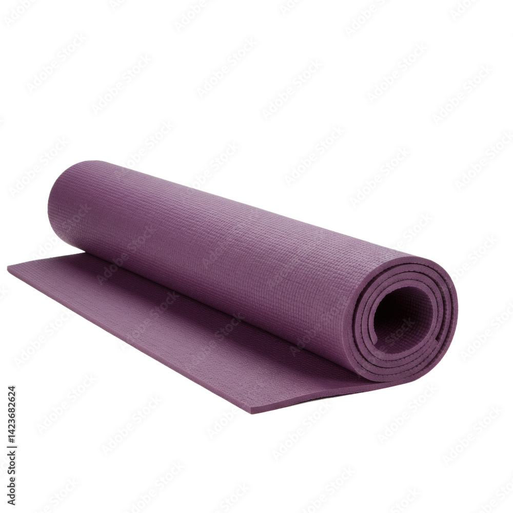 Obraz premium Rolled up purple yoga mat offering a comfortable and supportive surface for exercise and mindfulness practices in various settings.