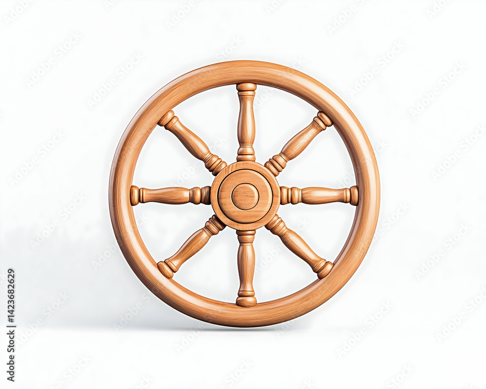 Fototapeta premium Polished wooden wheel with twelve spokes against a white background