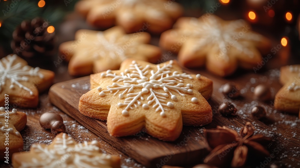 Festive snowflake-shaped gingerbread cookies on a wooden board. Festive snowflake-shaped gingerbread cookies on a wooden board.