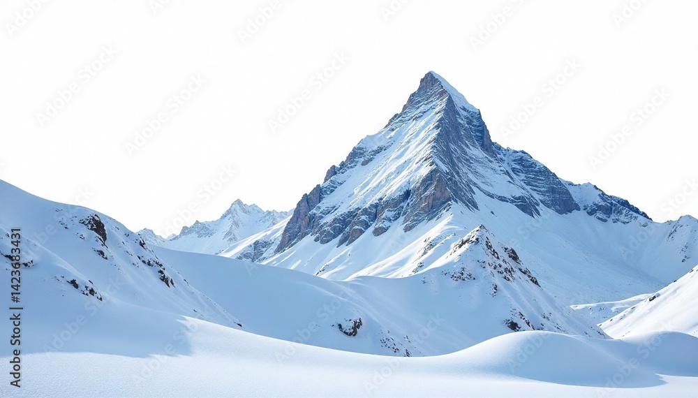 Snow-covered mountain peak against bright white sky, ice, landscape Snow-covered mountain peak against bright white sky, ice, landscape