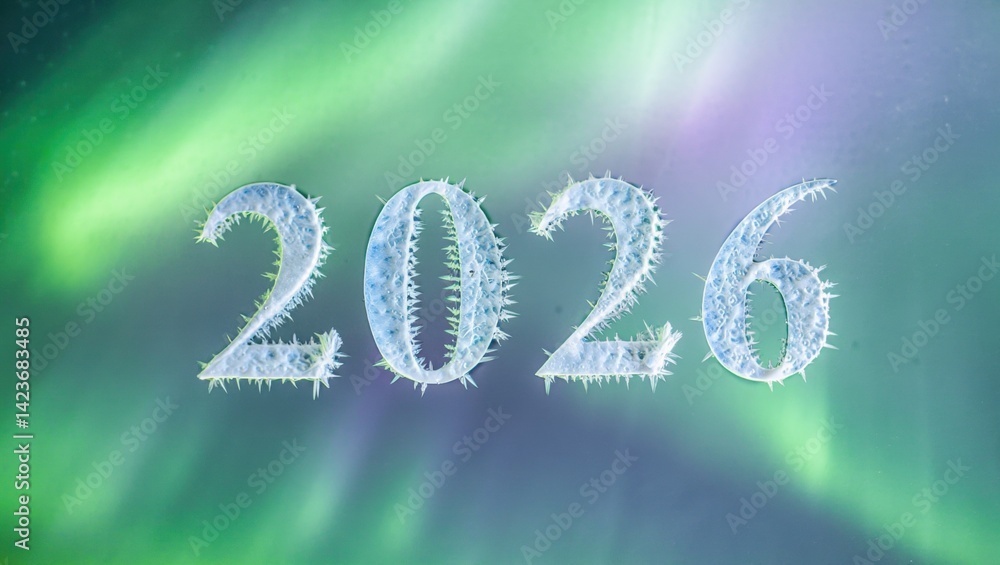 Northern lights behind frosty ice-covered numbers displaying 2026 Northern lights behind frosty ice-covered numbers displaying 2026