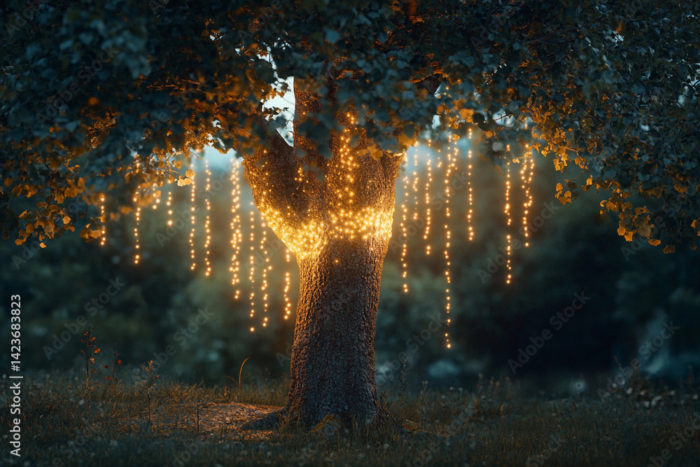Fototapeta premium Magical glowing tree with hanging lights in a serene nighttime landscape