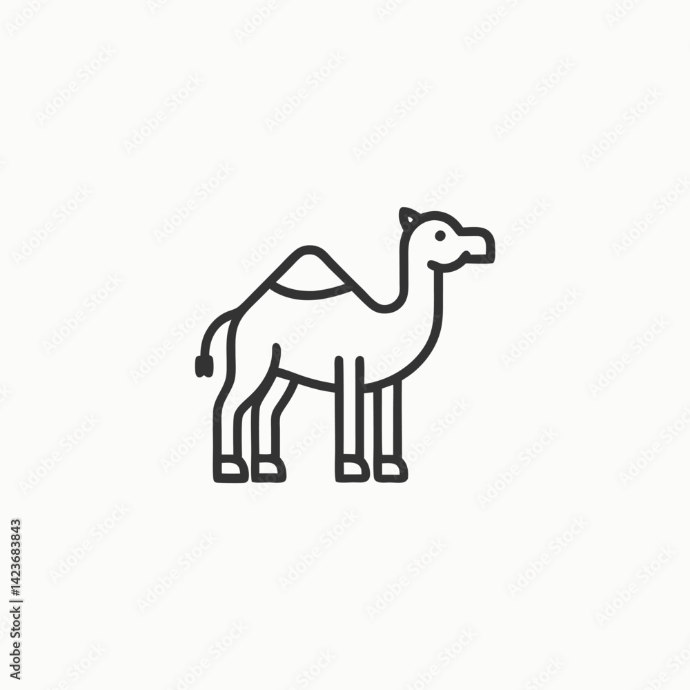 Fototapeta premium Hand drawn cartoon camel illustration. Camel in the desert landscape, colorful cartoon vector illustration.