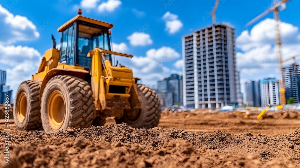 Yellow construction vehicle on a dirt site, with high-rise buildings under construction in the background on a sunny day Yellow construction vehicle on a dirt site, with high-rise buildings under construction in the background on a sunny day