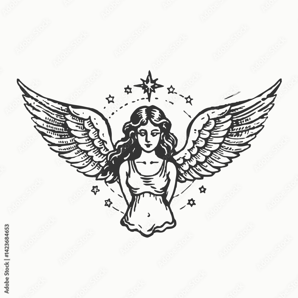 Obraz premium Hand drawn astrological zodiac sign Virgin or Virgo. Line art vector illustration of engraved horoscope symbol. Vintage illustration christmas angel
