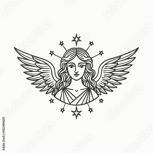 Hand drawn astrological zodiac sign Virgin or Virgo. Line art vector illustration of engraved horoscope symbol. Vintage illustration christmas angel