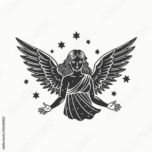 Hand drawn astrological zodiac sign Virgin or Virgo. Line art vector illustration of engraved horoscope symbol. Vintage illustration christmas angel