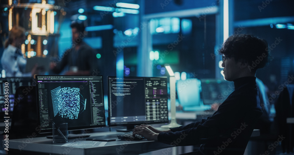 Asian Researcher Making a Quantum Computing Experiment, Monitoring Live Artificial Intelligence Data on Computer Screen, Running Software Code in Terminal Window. Developer Solving a Problem Asian Researcher Making a Quantum Computing Experiment, Monitoring Live Artificial Intelligence Data on Computer Screen, Running Software Code in Terminal Window. Developer Solving a Problem