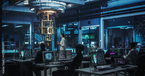 Foto Female Engineer Working on Quantum Computer Hardware, Using Tablet Computer to Access Technical Specifications and Control Processor Parameters