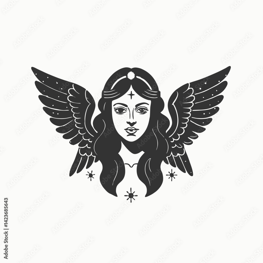 Fototapeta premium Vintage christmas angel illustration. Fairy silhouettes. Funny fairies in different poses. Little creatures with wings Isolated vector illustration