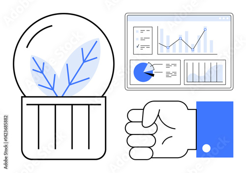 Plant in container symbolizing sustainability, analytics dashboard with charts, and a clenched hand gesture. Ideal for growth strategies, eco-solutions, technology, environment, management, teamwork