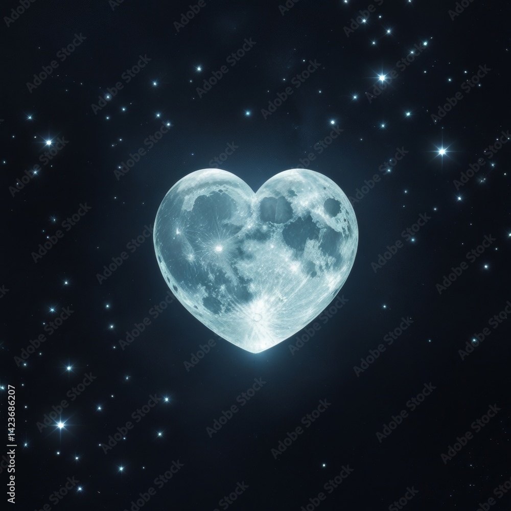 Fototapeta premium Heart of the moon in the dark night sky, a cosmic heart glowing in the universe