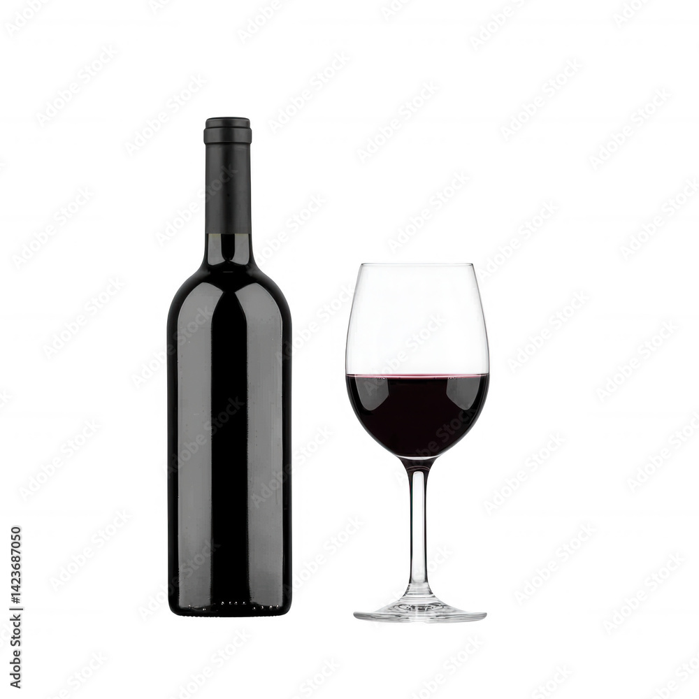 A bottle of red wine next to a glass filled with red wine, perfect for wine lovers and dining scenarios, isolated on a white background. A bottle of red wine next to a glass filled with red wine, perfect for wine lovers and dining scenarios, isolated on a white background.