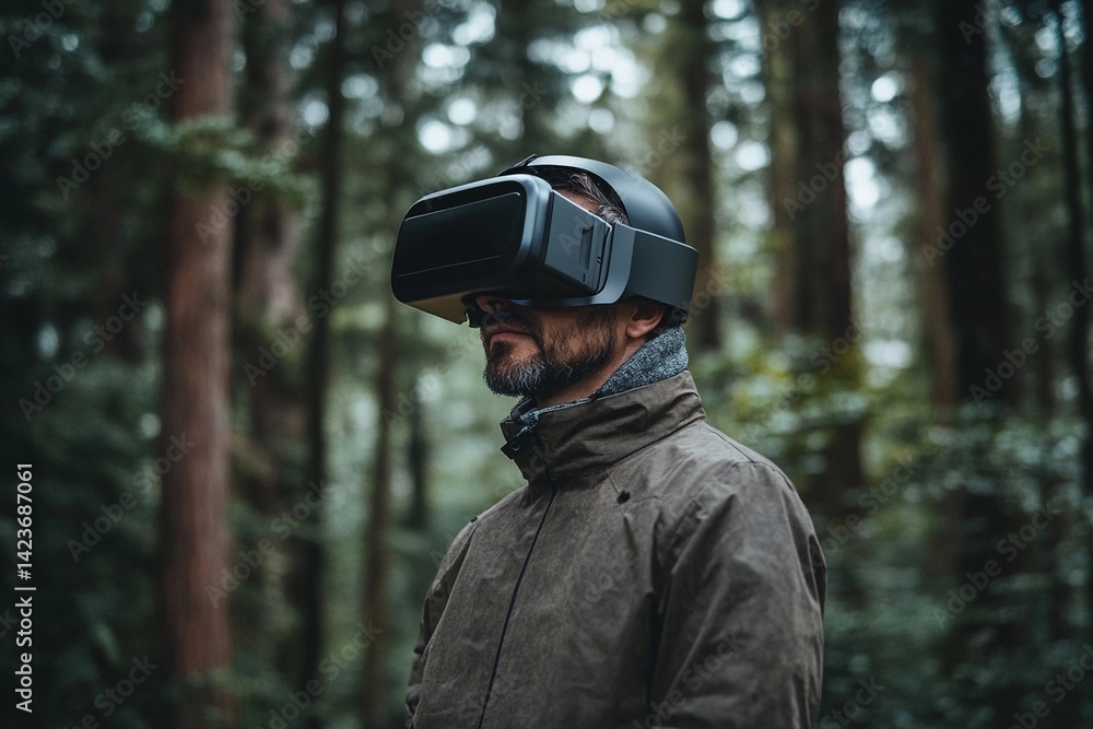 Man using virtual reality headset in a dense forest during a calm afternoon Man using virtual reality headset in a dense forest during a calm afternoon