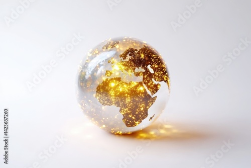 A glowing glass globe depicting the Earth, illuminated with golden light, symbolizing global connectivity and energy.