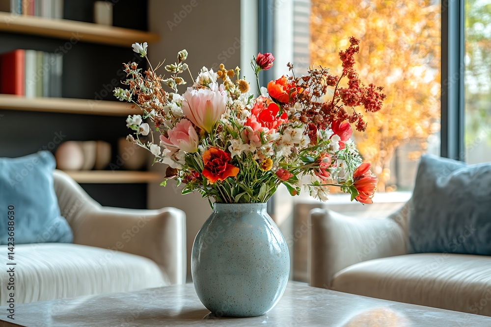 Vibrant Floral Bouquet In Blue Vase On Table With Interior Background
