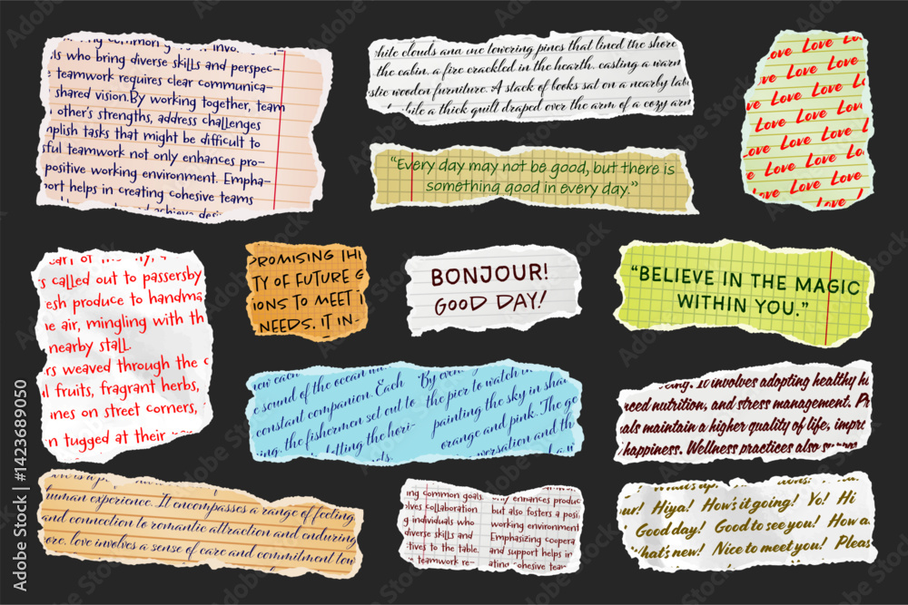 Ripped paper strips with handwritten text. Realistic crumpled paper scraps with torn edges. Shreds of notebook, book or old newspaper pages. Trendy collage elements. Vector illustration