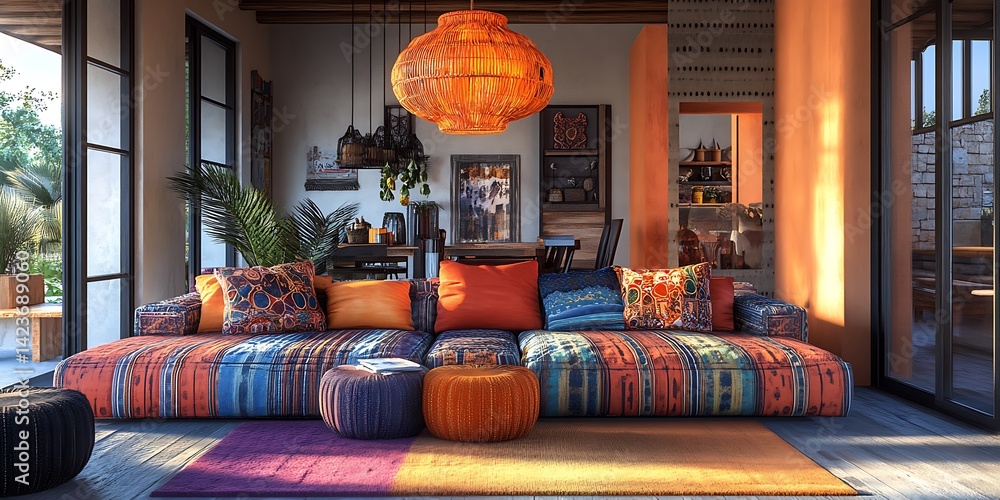 Vibrant Living Room Interior Design Featuring Colorful Sofa Cushions and Ornate Lighting