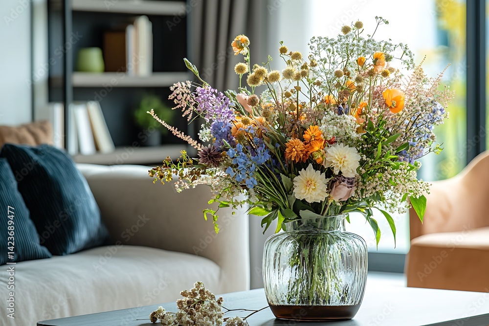 Vibrant Floral Bouquet In Glass Vase On Table With Living Room Background