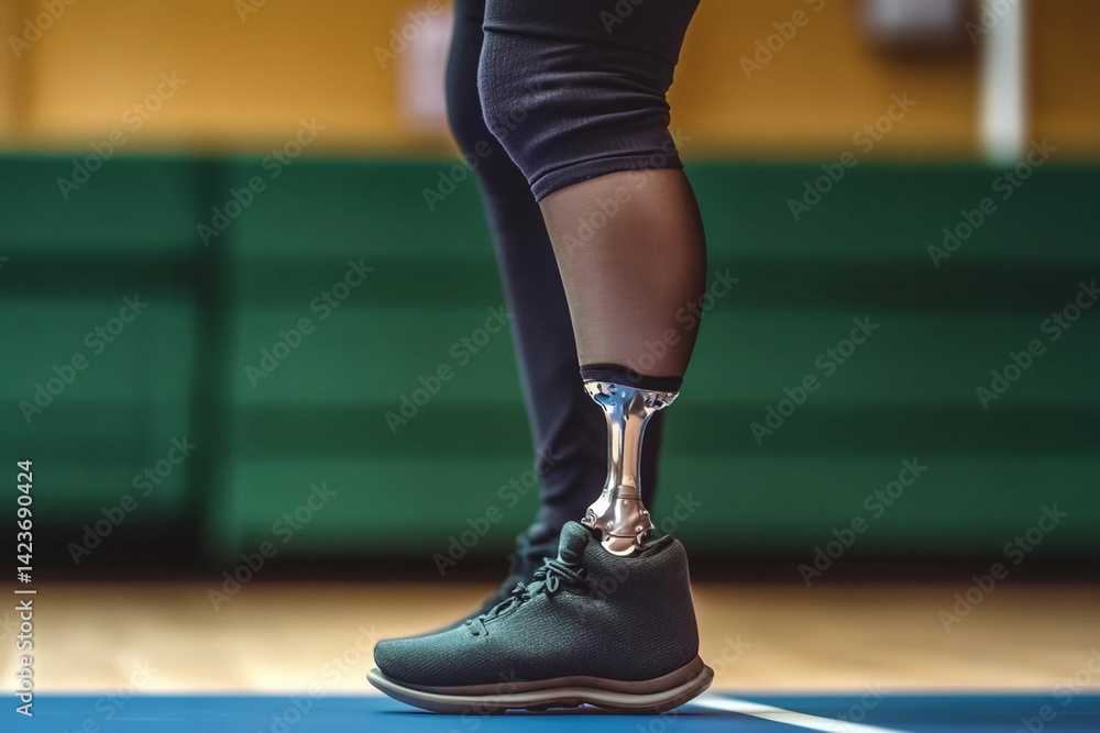 Naklejka premium Close-up of person with prosthetic leg walking on court during sunset, highlighting resilience and strength in athletic pursuit