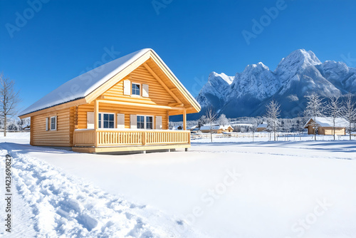 Snow-covered wooden cabin in a winter mountain landscape