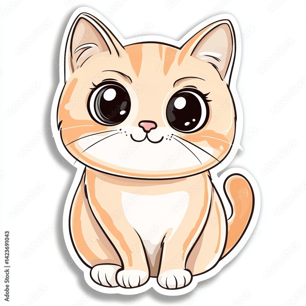 Cute cartoon cat sticker, simple lines, large eyes, smiling expression,